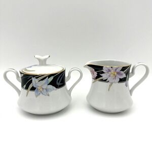 Mikasa Charisma Black L9050 Sugar Bowl and Creamer Set Floral Gold Trim Japan